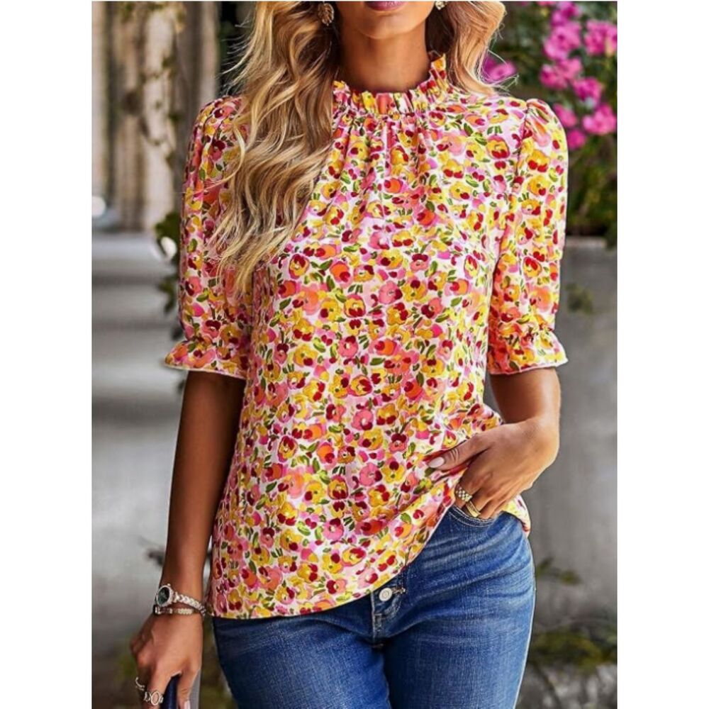 BTFBM Floral Smocked Neck Blouse | Puff Sleeve Top Size XL